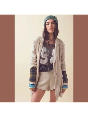 Free People Size 12 Blazer Shorts Set Linen Blend Neutral Coastal Boho Beach